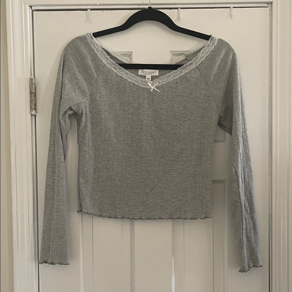 Gray Pointelle Long Sleeve & Pant Lounge Set